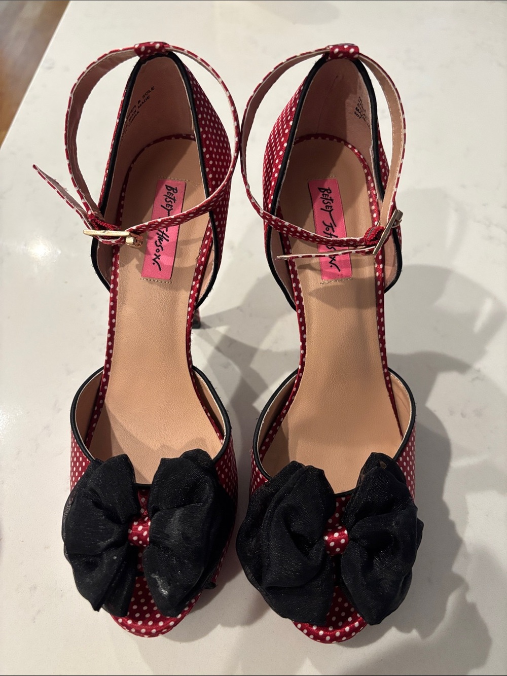 Betsey Johnson Retro Red Polka Dot Bow Platform Peep Toe Heels Ankle Strap